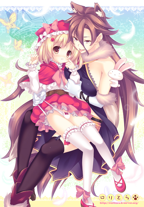 :o animal animal_ears ankle_bow ankle_ribbon arm_grab bad_id bad_pixiv_id bare_shoulders black_legwear blonde_hair blush book boots bow bow_panties brown_eyes brown_footwear brown_hair bug bunny butterfly capelet commentary_request dress elbow_gloves flower frilled_capelet frilled_hat frilled_legwear frilled_skirt frilled_sleeves frills fur-trimmed_boots fur-trimmed_gloves fur_collar fur_trim garter_straps gloves hair_between_eyes hair_bow hair_flower hair_ornament hat insect little_red_riding_hood little_red_riding_hood_(grimm) long_hair long_sleeves looking_at_viewer multiple_girls open_book orange_shorts original panties panty_lift parted_lips paw_print pink_bow puffy_long_sleeves puffy_sleeves purple_dress red_capelet red_footwear red_hat red_skirt ribbon shirt shoes short_hair shorts sitting sitting_on_lap sitting_on_person skirt sleeves_past_wrists tareme thighhighs tongue tongue_out translation_request tsukishima_yuuko tsurime underwear very_long_hair watermark web_address white_bow white_gloves white_legwear white_panties white_shirt wolf_ears yuri