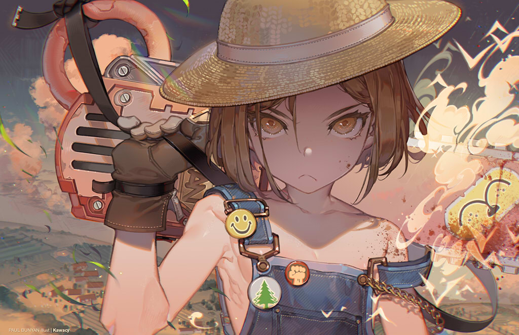 :&lt; armpits artist_name badge black_gloves blonde_hair brown_hat button_badge chainsaw character_name closed_mouth cloud collarbone commentary_request eyelashes fate/grand_order fate_(series) flower gloves hat holding kawacy leather leather_gloves looking_at_viewer naked_overalls outdoors overalls paul_bunyan_(fate/grand_order) serious short_hair smiley_face solo strap_slip straw_hat tsurime upper_body v-shaped_eyebrows yellow_eyes
