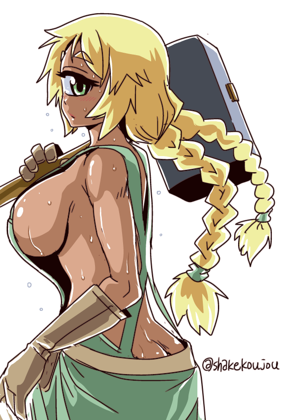 blonde_hair braid breasts butt_crack cowboy_shot cyclops cyclops_(monster_musume) cyclops_(mythology) dark_skin gloves green_eyes hammer large_breasts long_hair looking_at_viewer looking_to_the_side monster_musume_no_iru_nichijou naked_overalls one-eyed overalls shake-o sideboob simple_background solo sweat twin_braids twitter_username white_background