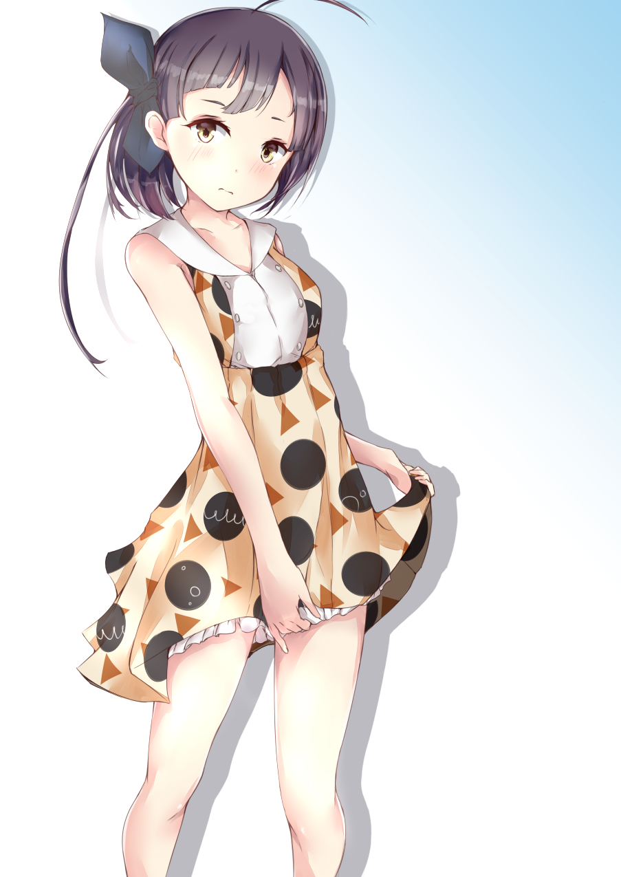 ahoge alternate_costume bare_arms bare_legs bare_shoulders black_hair blush collarbone commentary_request dress fujinami_(kantai_collection) gradient gradient_background highres kantai_collection long_hair looking_at_viewer migiue orange_eyes ribbon sketch skirt skirt_hold skirt_lift tied_hair