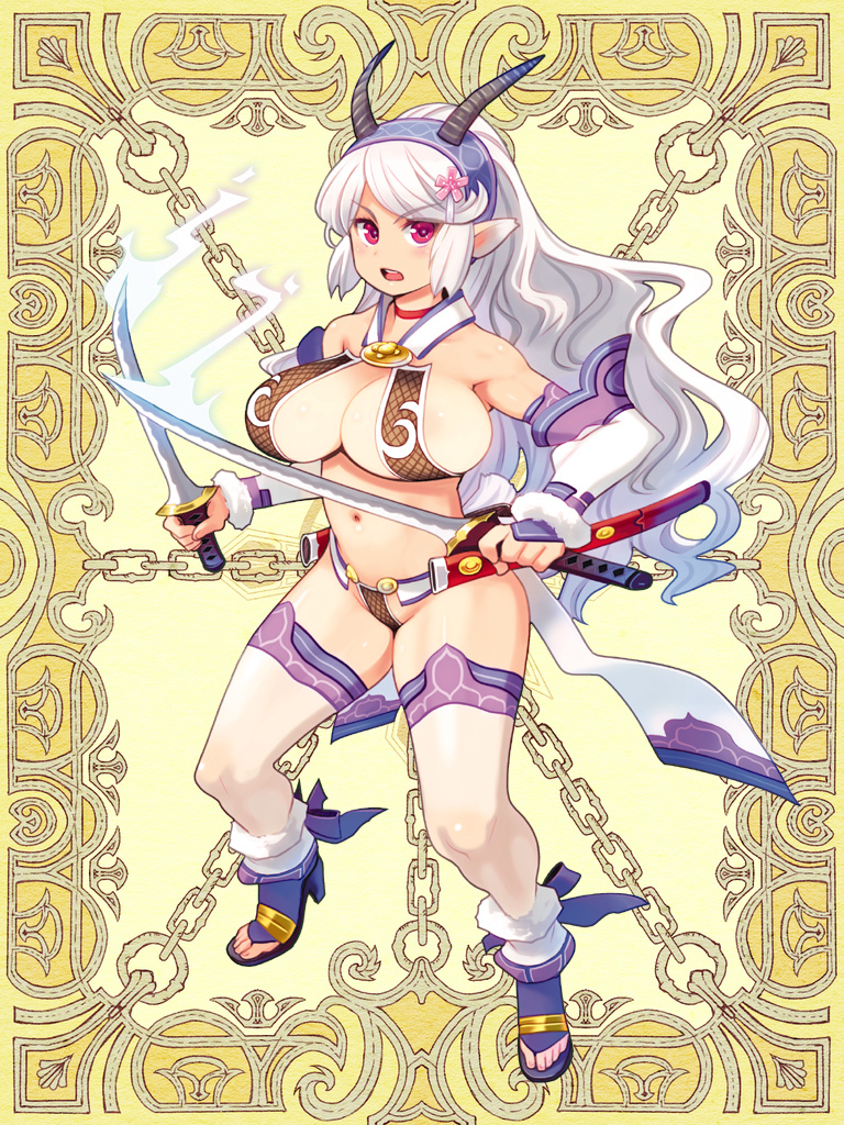 1girl bangs breasts character_request dual_wielding full_body high_heels kerberos_blade large_breasts long_hair navel neck_ribbon open_mouth open_toe_shoes pointy_ears red_eyes ribbon ryoji_(nomura_ryouji) sandals sheath shoes solo swept_bangs sword thighhighs weapon white_hair