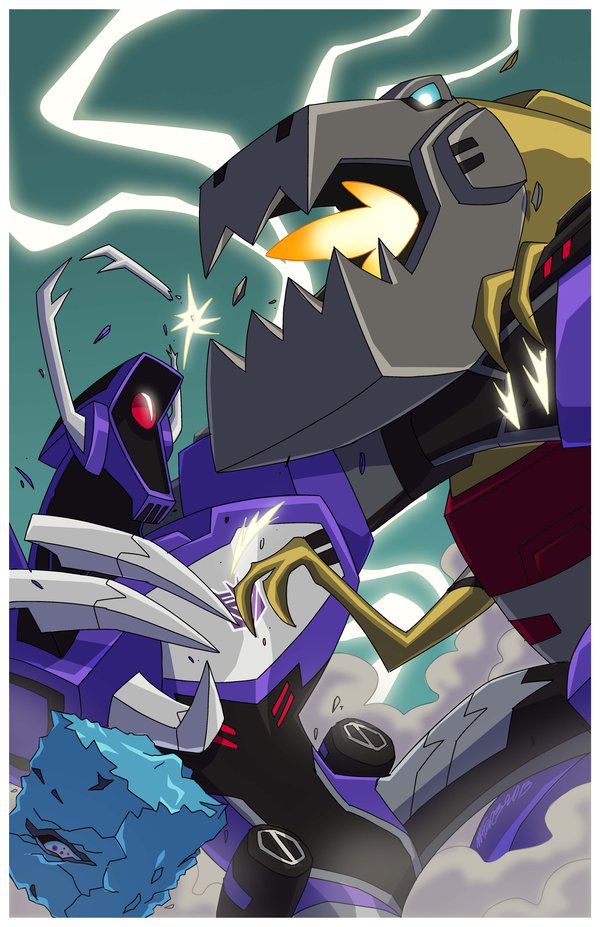 autobot blue_eyes claws decepticon dinosaur glowing glowing_eyes grimlock insignia machine machinery marcelomatere mecha monocle multiple_boys no_humans open_mouth red_eyes robot sharp_teeth shockwave_(transformers) teeth transformers transformers_animated tyrannosaurus_rex