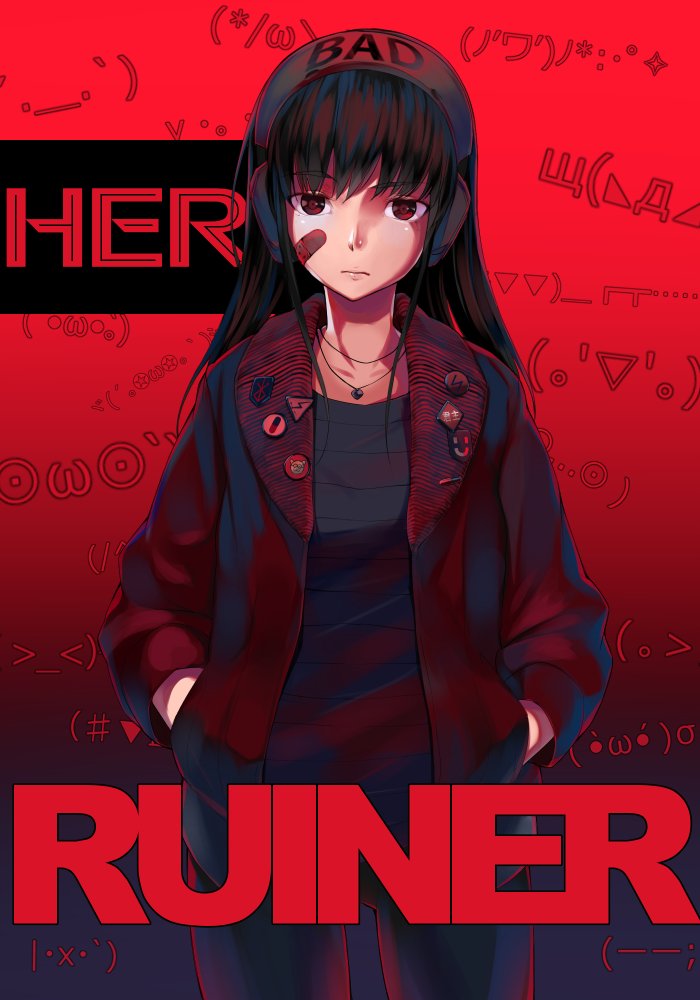 bandaid bandaid_on_face black_background black_hair commentary_request emoticon gradient gradient_background hands_in_pockets headphones her jacket jewelry long_hair looking_at_viewer necklace red red_background red_eyes ruiner ryou@ryou smile solo