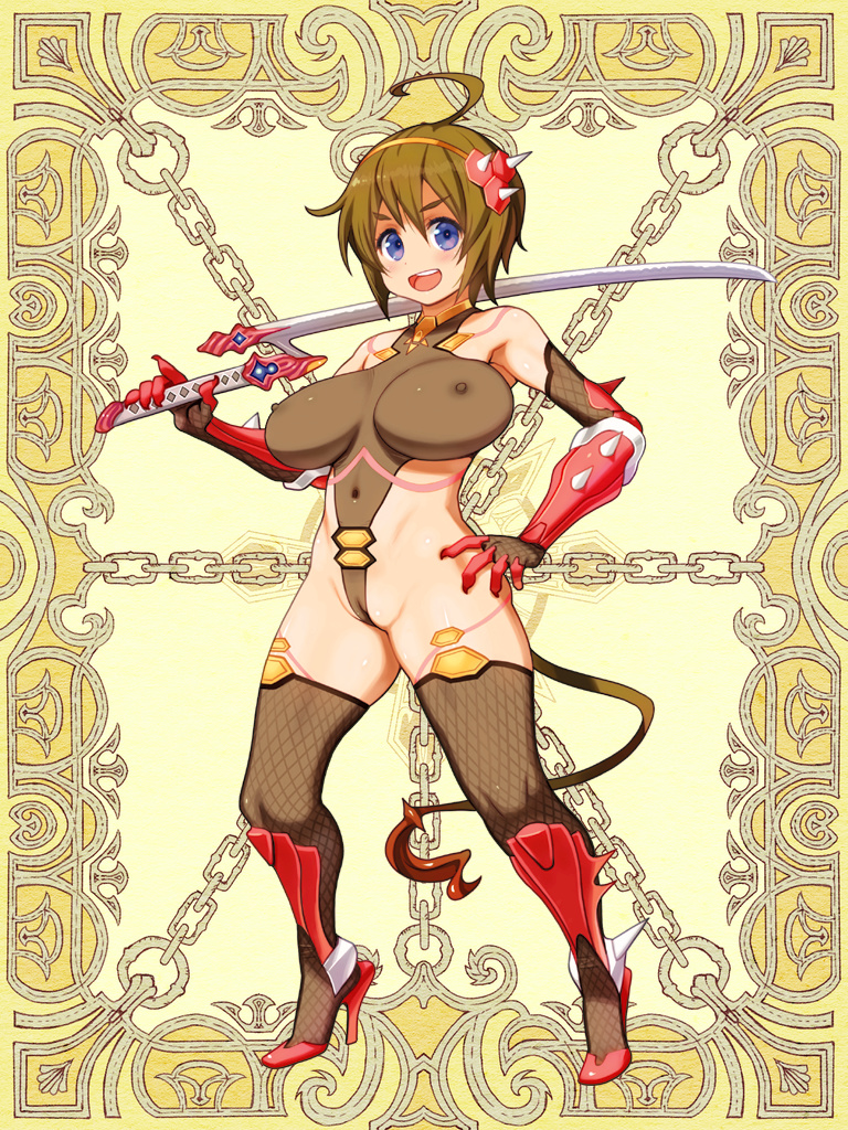 1girl ahoge between_labia blue_eyes breasts brown_hair cameltoe character_request elbow_gloves erect_nipples full_body gloves hairband hand_on_hip high_heels holding kerberos_blade large_breasts looking_at_viewer open_mouth ryoji_(nomura_ryouji) short_hair solo sword tail weapon