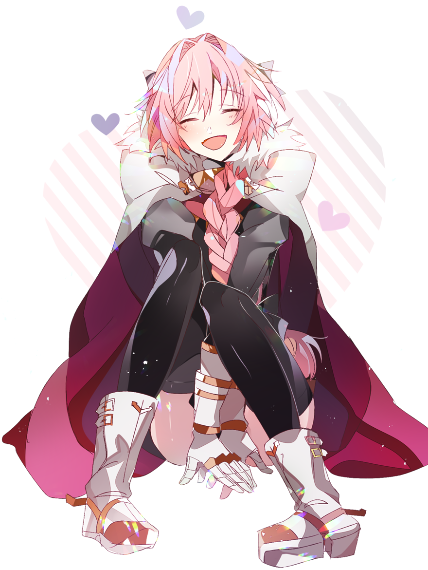 androgynous astolfo_(fate) black_bow bow braid cape commentary_request fang fate/apocrypha fate/grand_order fate_(series) garter_straps hair_ribbon hiiragi_mina long_hair male_focus multicolored_hair open_mouth otoko_no_ko pink_hair ribbon single_braid smile solo streaked_hair