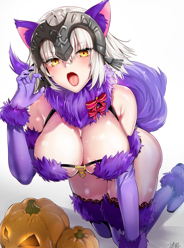 all_fours animal_ears blush breasts cosplay dangerous_beast elbow_gloves fate/grand_order fate_(series) fingernails fur_trim gloves halloween_costume headpiece jack-o'-lantern jeanne_d'arc_(alter)_(fate) jeanne_d'arc_(fate)_(all) kojima_saya large_breasts looking_at_viewer mash_kyrielight mash_kyrielight_(cosplay) open_mouth pumpkin purple_gloves purple_legwear revealing_clothes sharp_fingernails short_hair silver_hair simple_background solo tail thighhighs tongue tongue_out white_background wolf_ears wolf_tail yellow_eyes