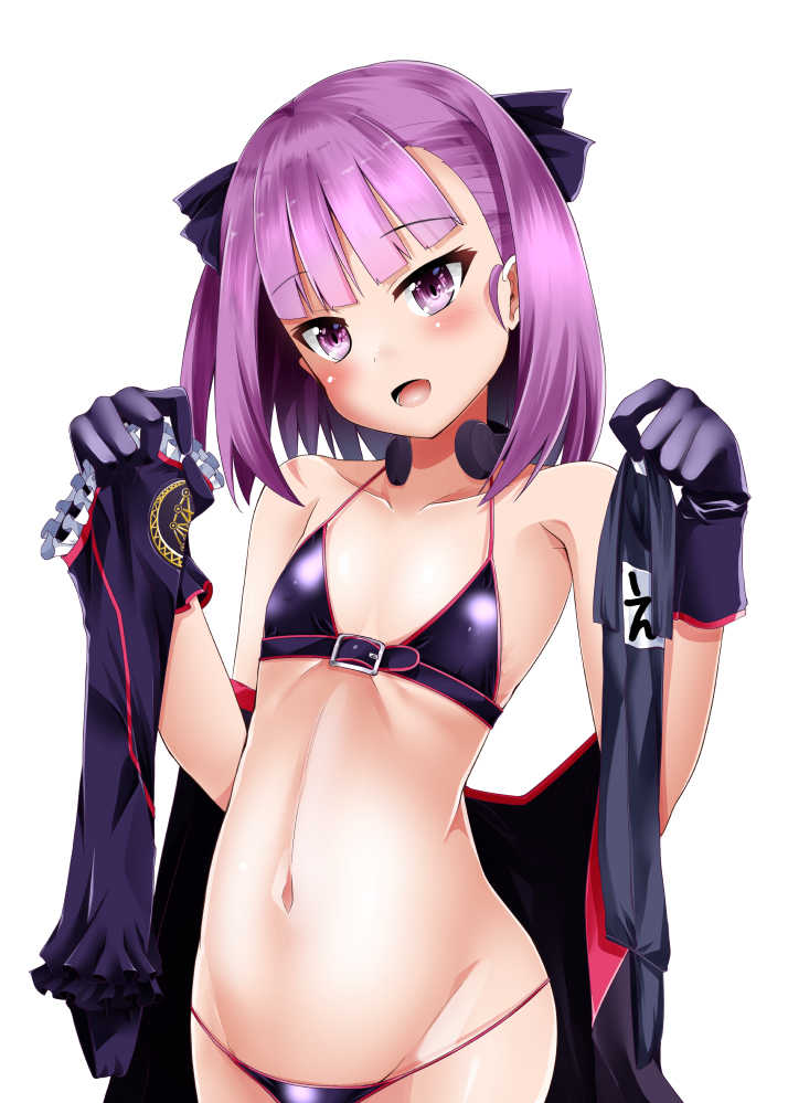 :d bangs bare_shoulders belt bikini black_bikini black_gloves blunt_bangs chest_belt collarbone covered_nipples eyebrows_visible_through_hair fate/grand_order fate_(series) flat_chest frills gloves groin hair_ribbon head_tilt helena_blavatsky_(fate/grand_order) helena_blavatsky_(swimsuit_archer)_(fate) holding_clothes navel open_mouth pink_eyes pink_hair ribbon school_swimsuit shirosuzu short_hair simple_background smile solo stomach swimsuit swimsuit_removed throat_microphone tsurime upper_body white_background