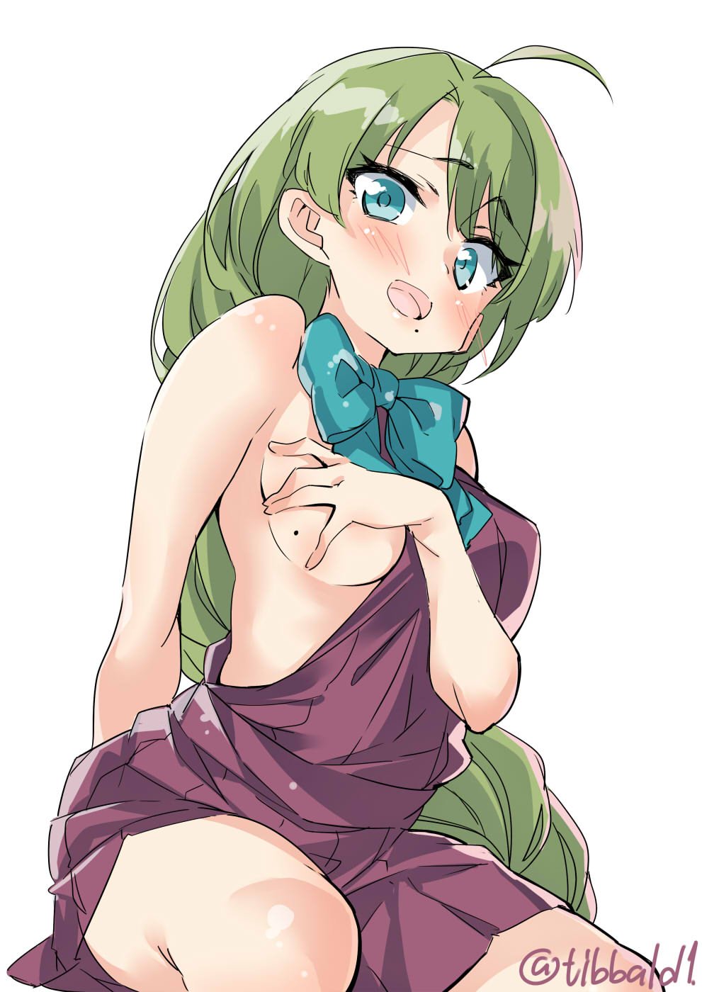ahoge bangs bare_shoulders blue_bow blue_eyes blue_neckwear blush bow bowtie braid breasts covering covering_breasts cowboy_shot dress ebifurya eyebrows_visible_through_hair green_hair highres kantai_collection long_hair looking_at_viewer medium_breasts mole mole_on_breast mole_under_mouth open_mouth pink_dress single_braid sleeveless sleeveless_dress solo twitter_username very_long_hair yuugumo_(kantai_collection)