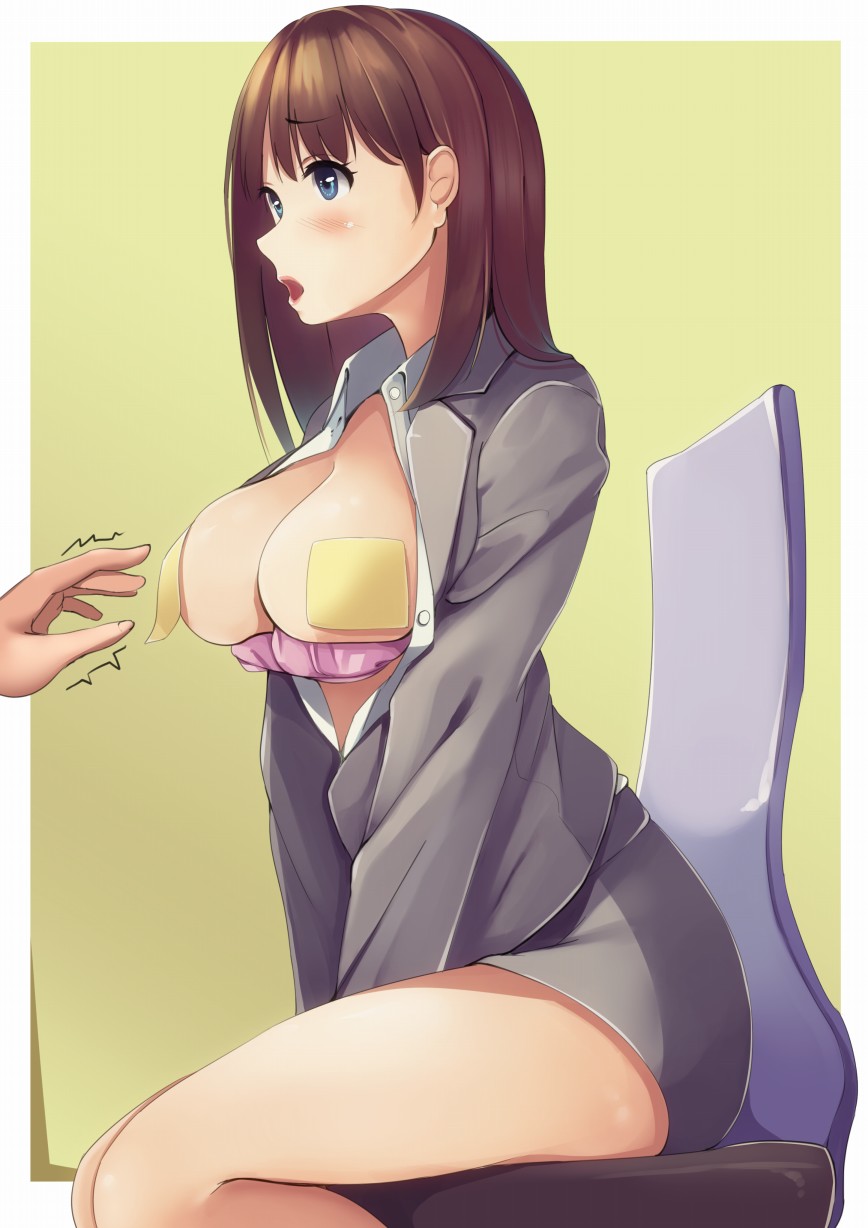 1boy 1girl bad_id bad_pixiv_id bangs between_legs blazer blue_eyes blush border bra bra_pull breasts breasts_outside brown_hair chair collared_shirt commentary_request disembodied_limb embarrassed eyebrows_visible_through_hair eyes_visible_through_hair formal from_side grey_jacket grey_skirt hand_between_legs head_out_of_frame highres jacket large_breasts lips long_hair long_sleeves looking_at_another male_hand miniskirt neko_neko_koneko office_chair office_lady on_chair open_blazer open_clothes open_jacket open_mouth open_shirt original outside_border pencil_skirt pink_bra raised_eyebrows shirt simple_background sitting skirt skirt_suit solo_focus sticky_note suit thighs unbuttoned unbuttoned_shirt underwear v_arms white_border white_shirt wing_collar yellow_background