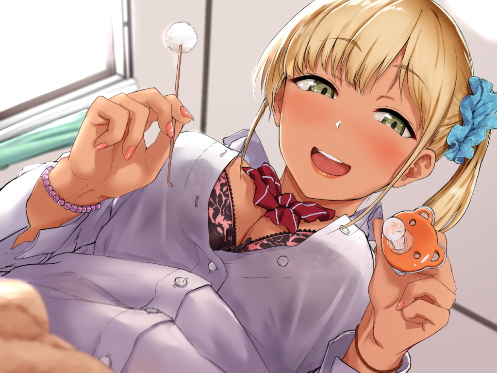 aoi_chizuru bangs blonde_hair blue_scrunchie blurry blush bow bowtie bra bracelet breasts brown_eyes buttons collared_shirt commentary_request depth_of_field eyebrows_visible_through_hair from_behind gyaru hair_ornament hair_scrunchie holding indoors jewelry kogal large_breasts looking_at_viewer mimikaki nail_polish open_mouth original pacifier pink_nails red_bow red_neckwear round_teeth school_uniform scrunchie shirt side_ponytail solo teeth unbuttoned underwear upper_body upper_teeth white_shirt