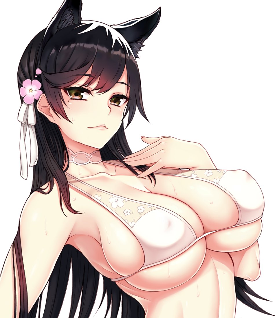 animal_ears armpits atago_(azur_lane) azur_lane bangs bare_shoulders bikini black_hair blush breasts brown_eyes choker closed_mouth cocq_taichou collarbone covered_nipples extra_ears flower hair_flower hair_ornament hand_on_own_chest large_breasts lips long_hair looking_at_viewer mole mole_under_eye simple_background skindentation solo swimsuit upper_body white_background white_bikini