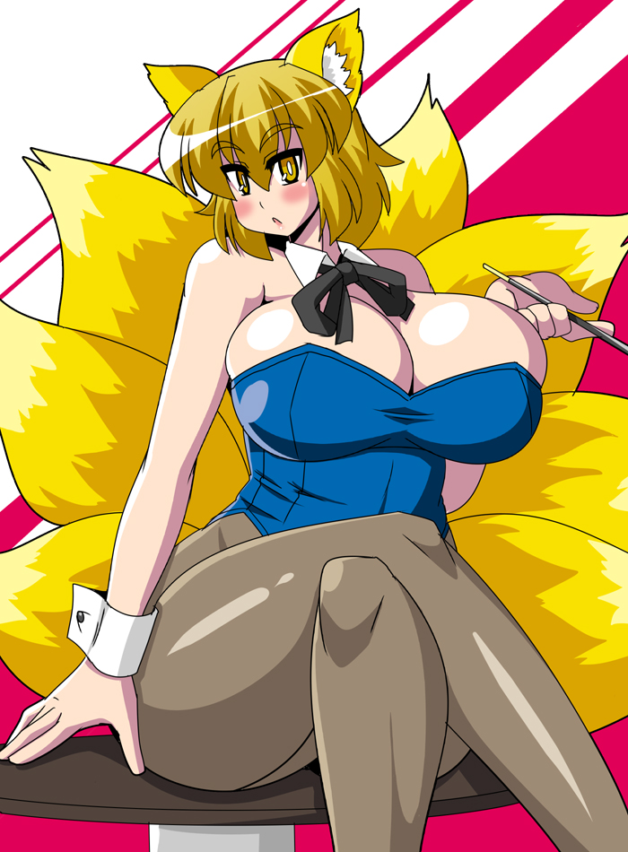 akasode_(tyaramu) animal_ears blonde_hair blush bow bowtie breasts bright_pupils cleavage commentary_request crossed_legs detached_collar fox_ears fox_tail huge_breasts kitsune kyuubi leotard looking_at_viewer multiple_tails no_hat no_headwear open_mouth pantyhose playboy_bunny_leotard solo tail touhou wrist_cuffs yakumo_ran yellow_eyes