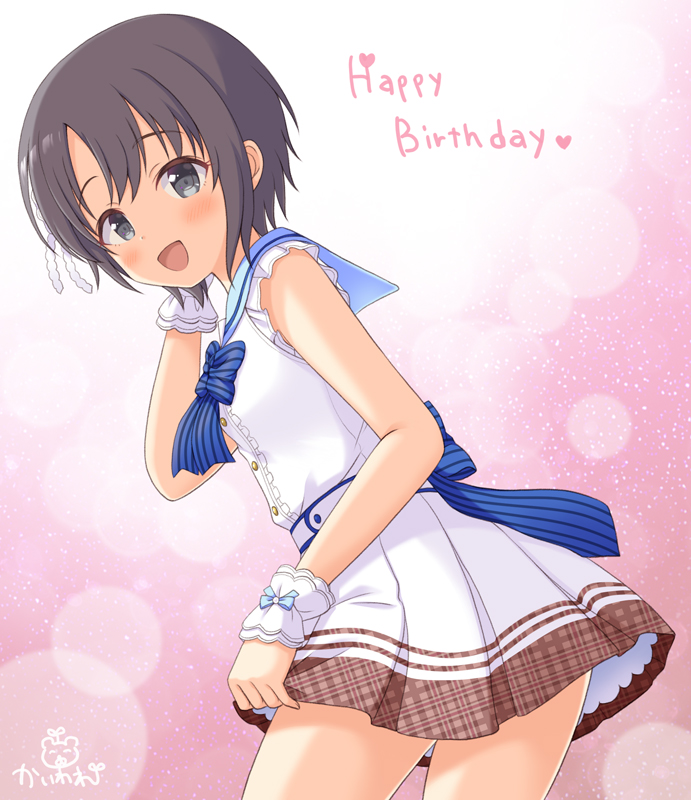 :d bangs bare_arms black_eyes blue_bow blue_ribbon blush bow brown_eyes commentary_request cowboy_shot dress eyebrows_visible_through_hair frilled_dress frilled_sleeves frills hair_ornament happy_birthday heart idolmaster idolmaster_cinderella_girls idolmaster_cinderella_girls_starlight_stage kaiware-san leaning_forward looking_at_viewer looking_to_the_side open_mouth otokura_yuuki ribbon sailor_dress short_hair signature sleeveless sleeveless_dress smile solo standing striped striped_bow striped_ribbon tareme white_dress wrist_cuffs
