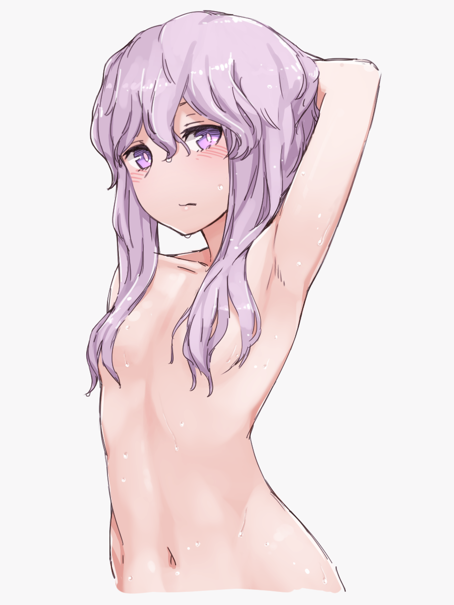 arm_up armpits breasts bright_pupils closed_mouth convenient_censoring expressionless hair_censor hair_over_breasts highres looking_at_viewer mochi_(mochi444420) navel nude purple_eyes purple_hair short_hair_with_long_locks simple_background small_breasts solo vocaloid voiceroid wet wet_hair white_background yuzuki_yukari