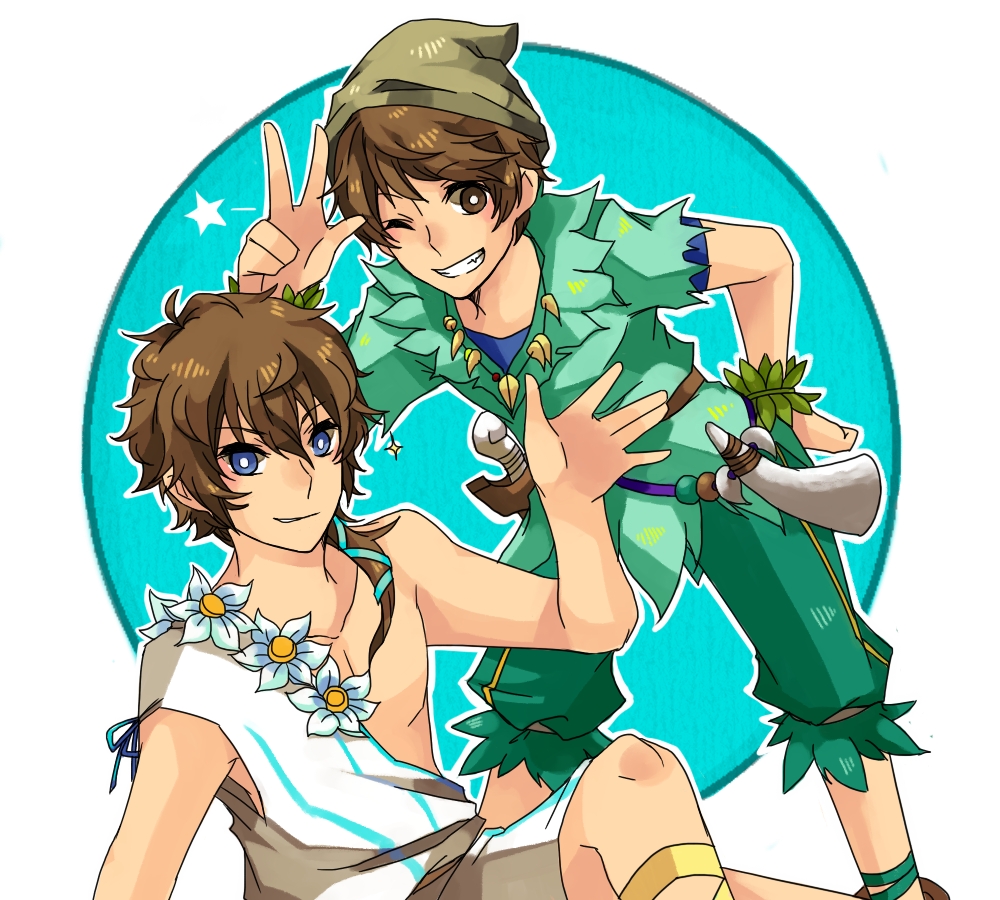 2boys blue_eyes brown_eyes brown_hair cosplay crossdressing disney flower hat looking_at_viewer male_focus multiple_boys necklace one_eye_closed pants peter_pan peter_pan_(character) peter_pan_(disney) ponytail shin_sangoku_musou shin_sangoku_musou_7 shirt smile teeth xiahou_ba zhong_hui