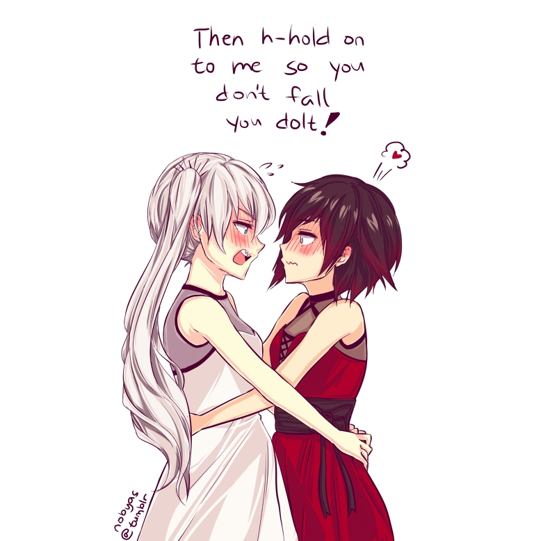 2girls bangs black_hair blue_eyes blush breasts couple dancing dress embarrassed embrace embracing eye_contact face-to-face hair_ornament hug hugging looking_at_another multicolored_hair multiple_girls nobyas open_mouth ponytail red_dress red_hair ruby_rose rwby short_hair shy side_ponytail silver_eyes spoken_heart tied_hair two-tone_hair wavy_mouth weiss_schnee white_hair yuri