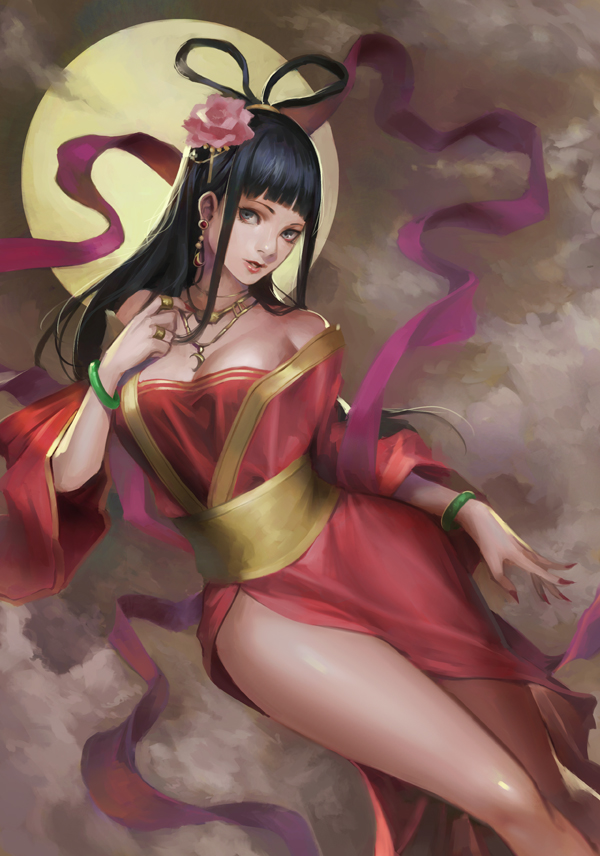 bangs bare_shoulders black_eyes black_hair blunt_bangs bracelet breasts chang'e chinese_clothes commentary_request earrings full_moon hagoromo hair_rings hanfu jewelry long_hair looking_at_viewer medium_breasts moon original parted_lips phamoz shawl solo thighs