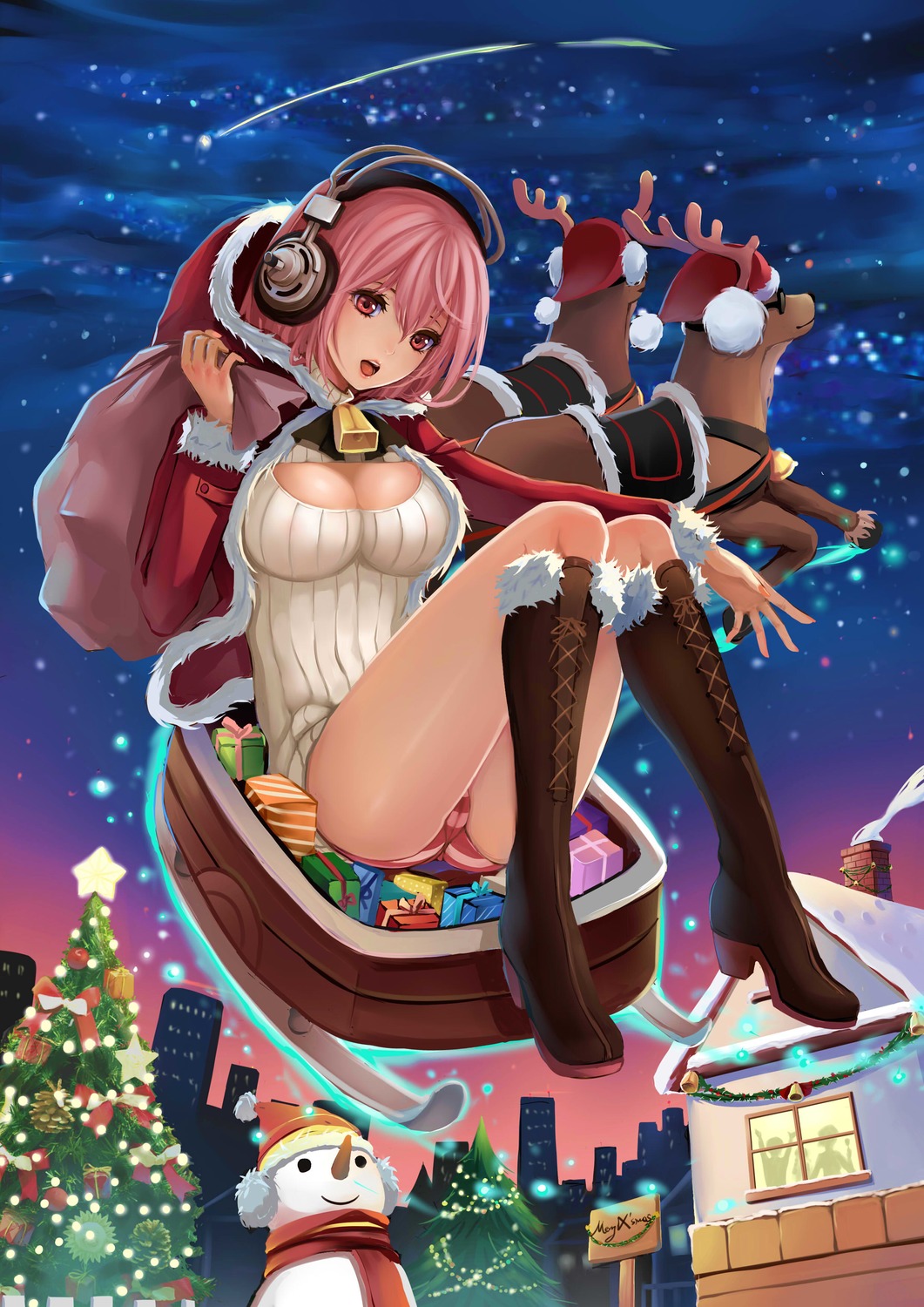 christmas_tree hat highres horns merry_christmas nitroplus panties reindeer ribbed_sweater santa_costume santa_hat sign snowman super_sonico sweater underwear