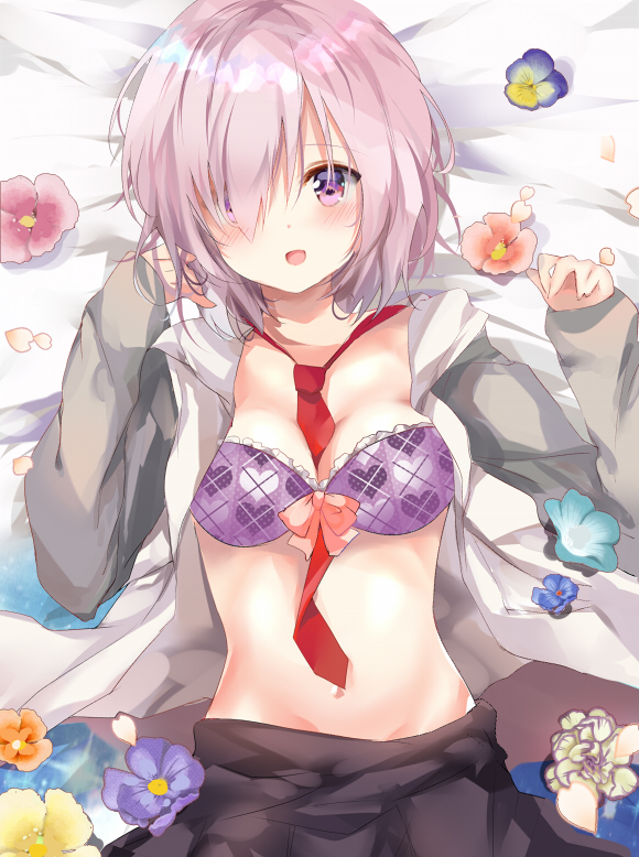 :d bed_sheet between_breasts black_skirt blush bra breasts cleavage collarbone eyebrows_visible_through_hair fate/grand_order fate_(series) flower from_above grey_jacket hair_over_one_eye jacket long_sleeves looking_at_viewer lying mash_kyrielight medium_breasts navel necktie necktie_between_breasts on_back open_clothes open_jacket open_mouth petals pink_hair pon_(ponidrop) purple_bra purple_eyes red_neckwear shiny shiny_skin skirt sleeves_past_wrists smile solo stomach tareme underwear upper_body