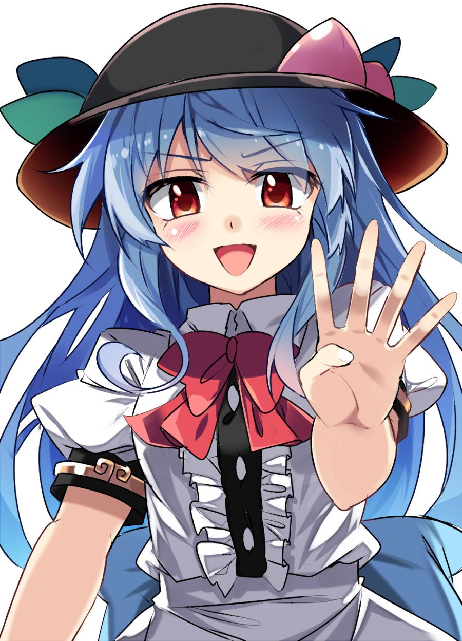 :d blue_hair blush bow bowtie breasts collared_shirt commentary date_pun e.o. fingers food food_on_head fruit fruit_on_head hat highres hinanawi_tenshi long_hair medium_breasts number_pun object_on_head open_mouth peach puffy_short_sleeves puffy_sleeves red_eyes shirt short_sleeves smile smug solo touhou upper_body v-shaped_eyebrows