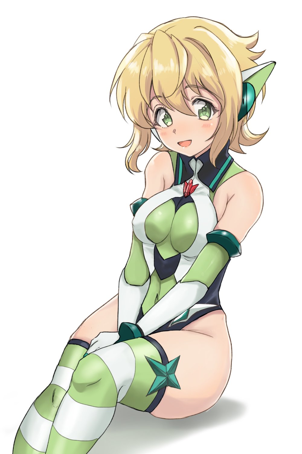 akatsuki_kirika bare_shoulders between_legs blonde_hair blush breasts commentary covered_navel covered_nipples elbow_gloves eyebrows_visible_through_hair gloves green_eyes green_legwear green_leotard hand_between_legs headgear highleg highleg_leotard highres legs_together leotard looking_at_viewer medium_breasts no_hair_ornament open_mouth runawate56 senki_zesshou_symphogear shadow shiny shiny_hair short_hair simple_background sitting smile solo striped striped_legwear thighhighs white_background