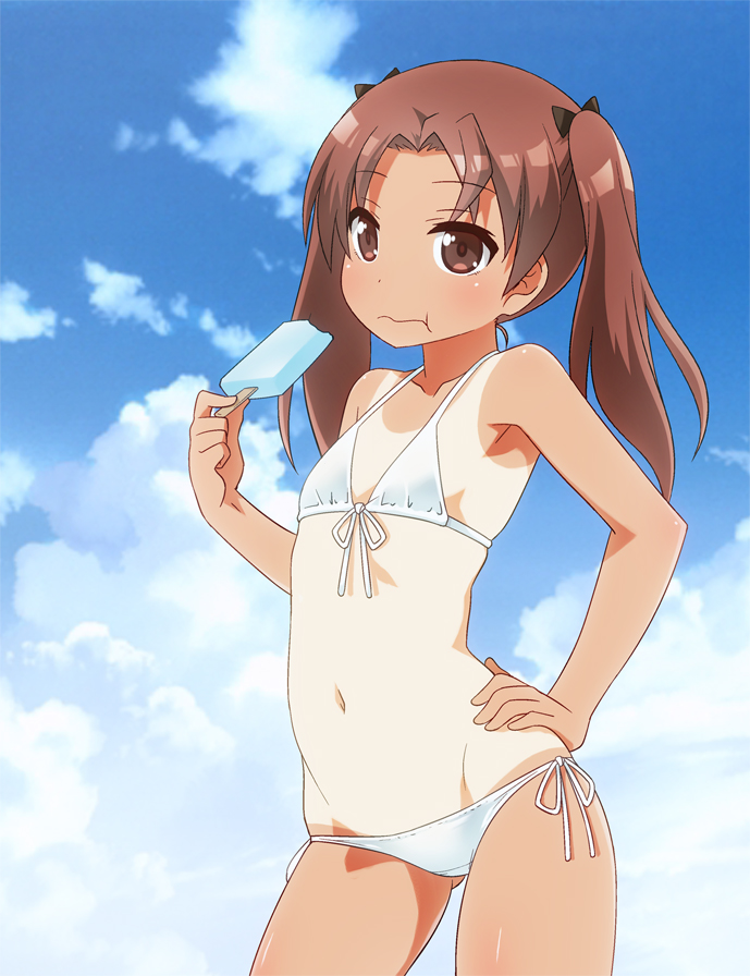 :t bangs bikini black_ribbon breasts brown_eyes brown_hair closed_mouth contrapposto cowboy_shot crotch_seam day eating eyebrows_visible_through_hair food front-tie_bikini front-tie_top girls_und_panzer hair_ribbon holding kadotani_anzu long_hair looking_at_viewer navel outdoors parted_bangs popsicle ribbon side-tie_bikini small_breasts solo standing swimsuit tan tanline twintails umekichi