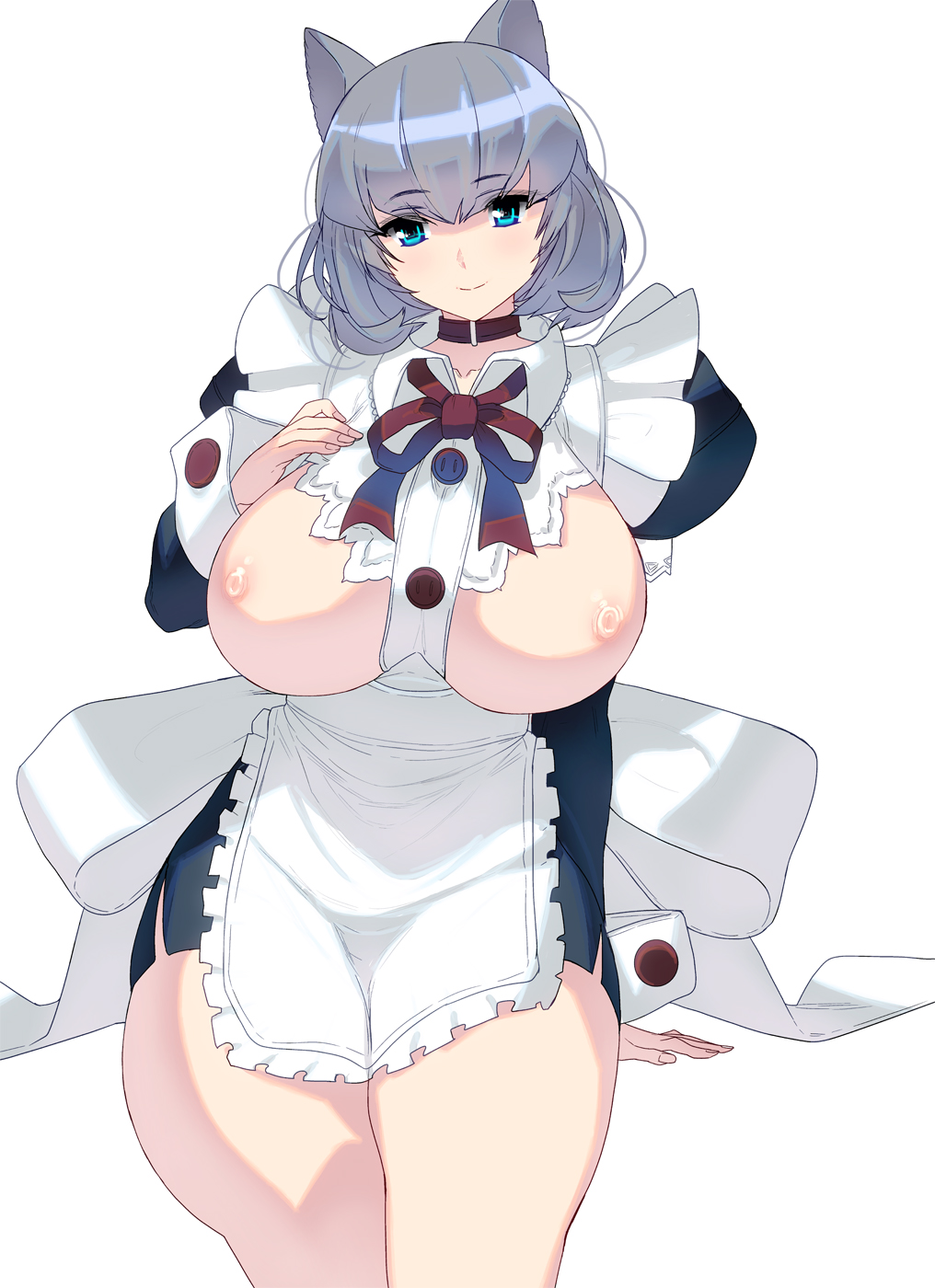 animal_ears blue_eyes breasts collar curvy highres huge_breasts maid masao nipples original simple_background smile solo thick_thighs thighs white_background wide_hips