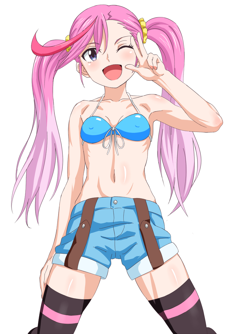 1girl ;d bikini breasts collarbone digimon digimon_universe:_appli_monsters female karan_eri open_mouth pink_hair purple_eyes small_breasts solo standing trg-_(sain) twintails v wink