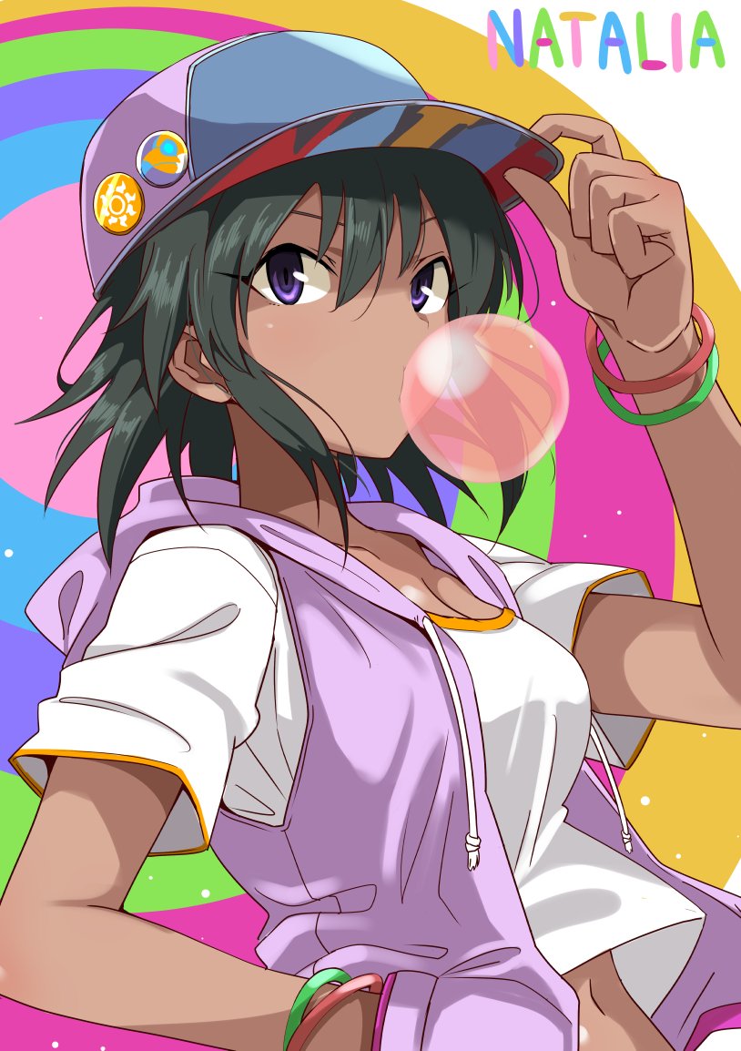 adjusting_clothes adjusting_hat arm_up badge bangle baseball_cap bracelet breasts bubble_blowing button_badge character_name chewing_gum cleavage dark_skin drawstring green_hair hair_between_eyes hand_in_pocket hand_on_headwear hat hood hood_down hooded_vest idolmaster idolmaster_cinderella_girls jewelry looking_at_viewer medium_breasts multicolored multicolored_background natalia_(idolmaster) navel open_clothes open_vest pink_vest purple_eyes shirt short_hair short_sleeves solo upper_body vest white_shirt youhei_(testament)