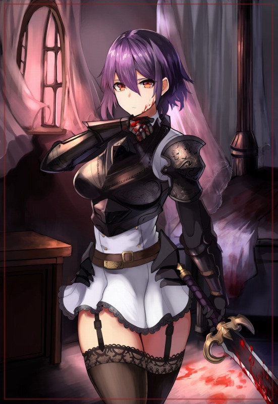 ankoku_broccoli black_legwear blood breasts brown_eyes garter_straps lace lace-trimmed_thighhighs large_breasts looking_at_viewer open_window original purple_hair short_hair skirt solo sword thighhighs thighs weapon window