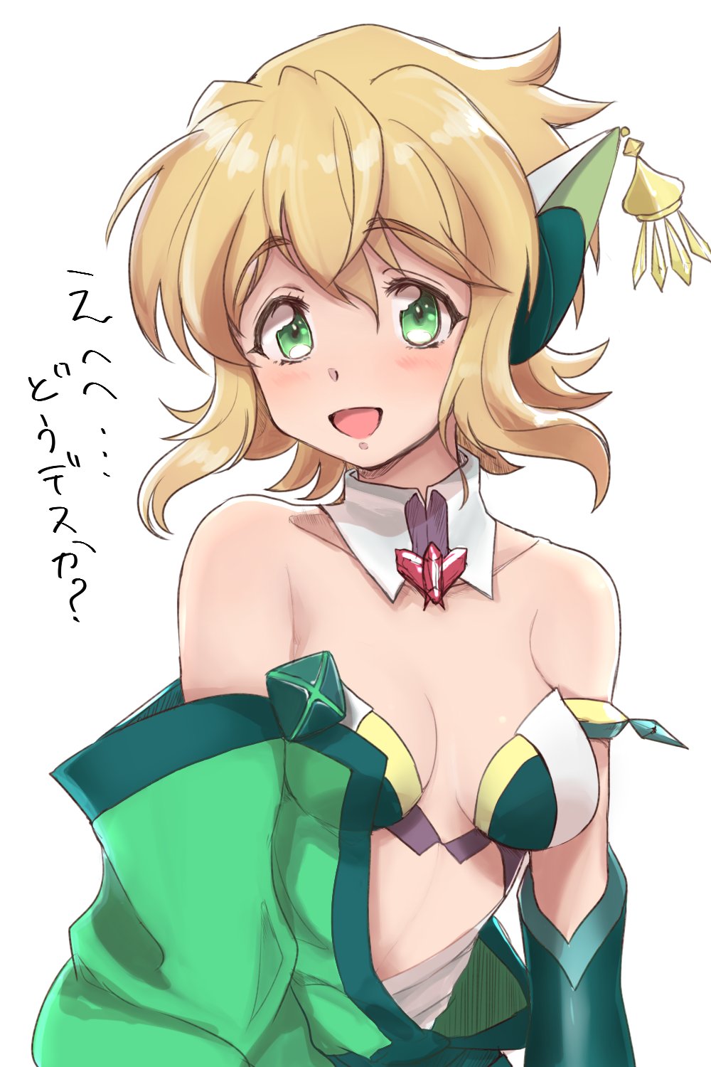 akatsuki_kirika alternate_costume asymmetrical_clothes bare_shoulders blonde_hair blush breasts breasts_apart collarbone commentary_request detached_collar eyebrows_visible_through_hair green_eyes headgear highres japanese_clothes looking_at_viewer medium_breasts off_shoulder open_mouth runawate56 senki_zesshou_symphogear senki_zesshou_symphogear_xd_unlimited short_hair simple_background smile solo translated upper_body vambraces white_background