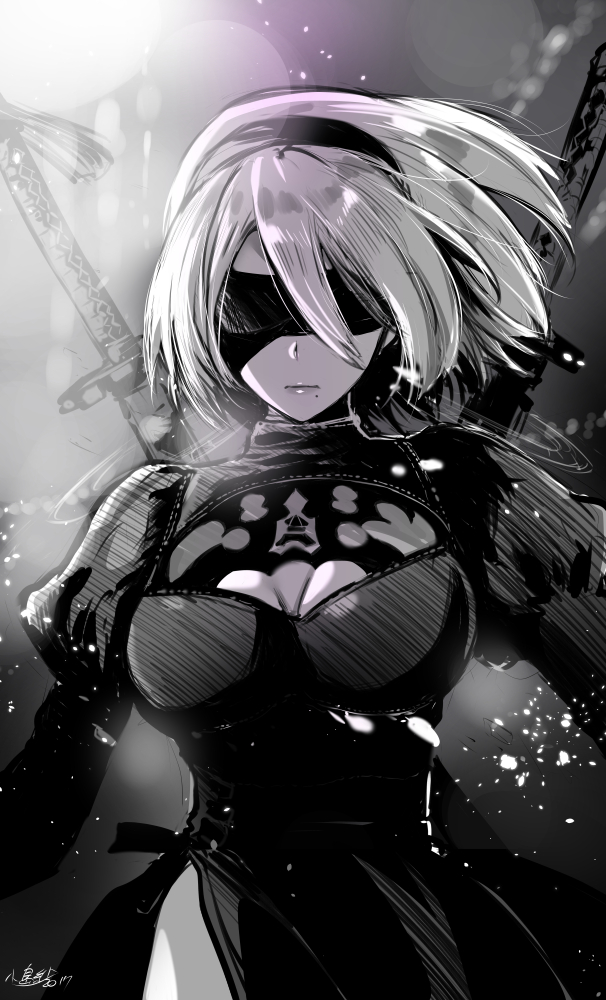 black_dress black_hairband blindfold breasts cleavage cleavage_cutout commentary_request covered_eyes dress facing_viewer feather-trimmed_sleeves greyscale hairband juliet_sleeves kojima_saya large_breasts long_sleeves mole mole_under_mouth monochrome nier_(series) nier_automata puffy_sleeves short_hair solo upper_body weapon weapon_on_back yorha_no._2_type_b