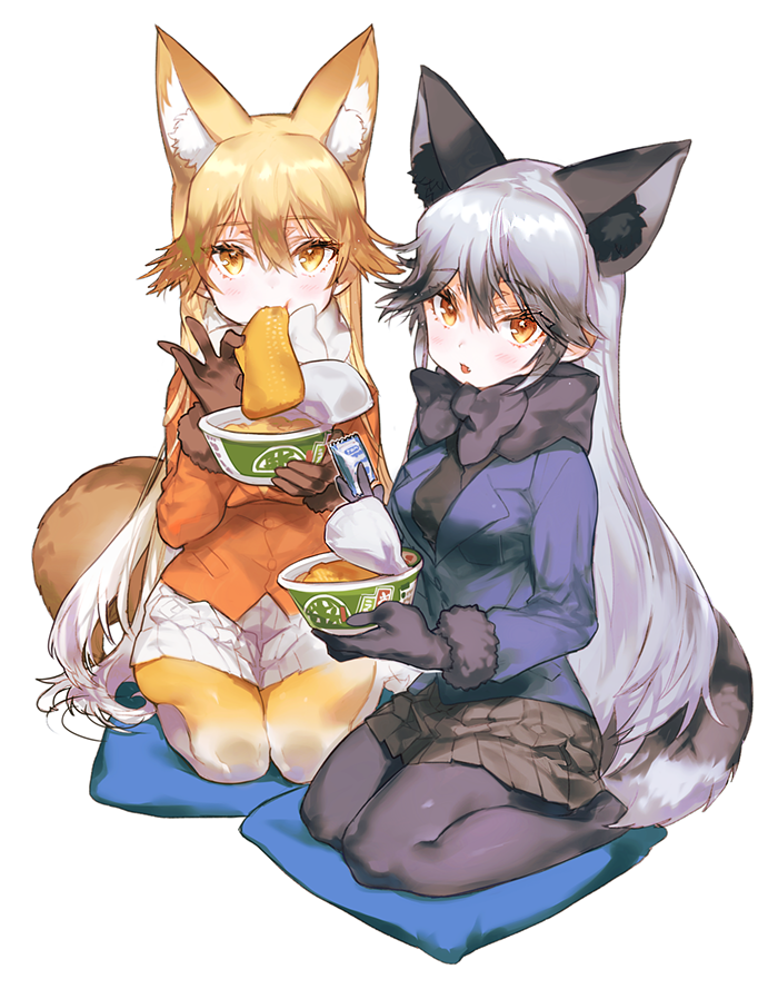 animal_ears banned_artist black_bow black_gloves black_hair black_legwear black_neckwear black_skirt blazer blonde_hair blush bow bowtie breasts brown_eyes commentary_request cup_ramen cushion eating eyebrows_visible_through_hair ezo_red_fox_(kemono_friends) fang food_in_mouth fox_ears fox_tail full_body fur_trim gloves grey_background hair_between_eyes holding jacket kemono_friends kissai korean long_hair long_sleeves looking_at_viewer medium_breasts miniskirt mouth_hold multicolored_hair multiple_girls open_mouth orange_eyes pantyhose pillow pleated_skirt seiza silver_fox_(kemono_friends) silver_hair simple_background sitting skirt streaked_hair tail two-tone_hair very_long_hair wariza white_bow white_neckwear white_skirt yellow_eyes yellow_legwear