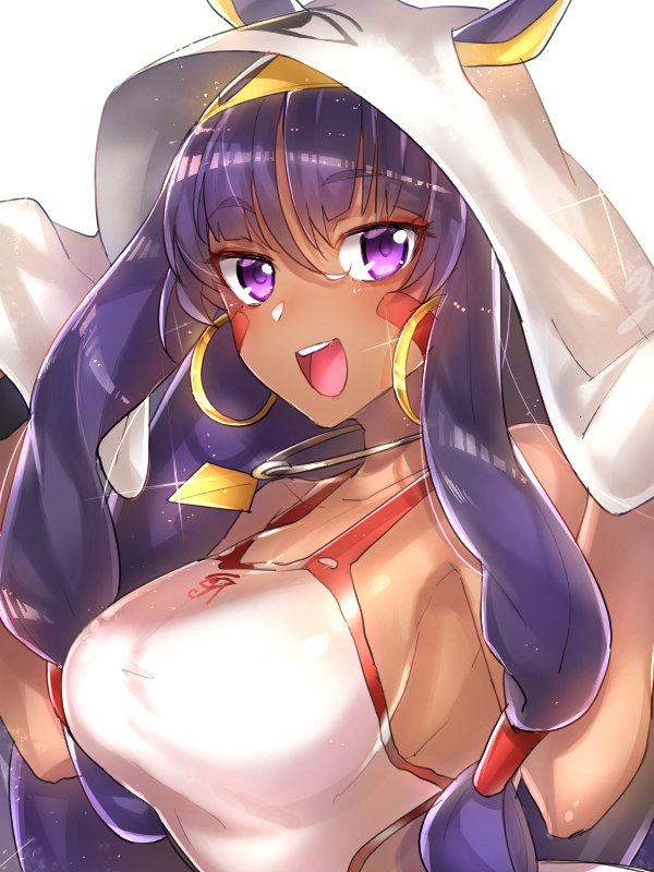 :d animal_ears armpits bad_id bad_pixiv_id bangs breasts cleavage collarbone commentary_request dark_skin earrings egyptian eye_of_horus eyebrows_visible_through_hair facial_mark fate/grand_order fate_(series) from_side glint gomi_(u_ronche) hair_between_eyes hair_tubes hands_up hoop_earrings jackal_ears jewelry large_breasts light_blush light_particles long_hair looking_at_viewer looking_to_the_side low_tied_hair nitocris_(fate/grand_order) nitocris_(swimsuit_assassin)_(fate) open_mouth pendant purple_eyes purple_hair shawl side_cutout sideboob smile solo swimsuit teeth tsurime upper_body white_swimsuit