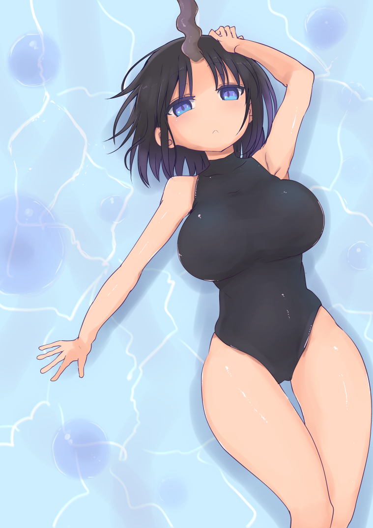 armpits bare_shoulders black_hair blue_eyes breasts cool-kyou_shinja elma_(maidragon) horn kobayashi-san_chi_no_maidragon large_breasts looking_at_viewer lying official_art on_back one-piece_swimsuit solo swimsuit water