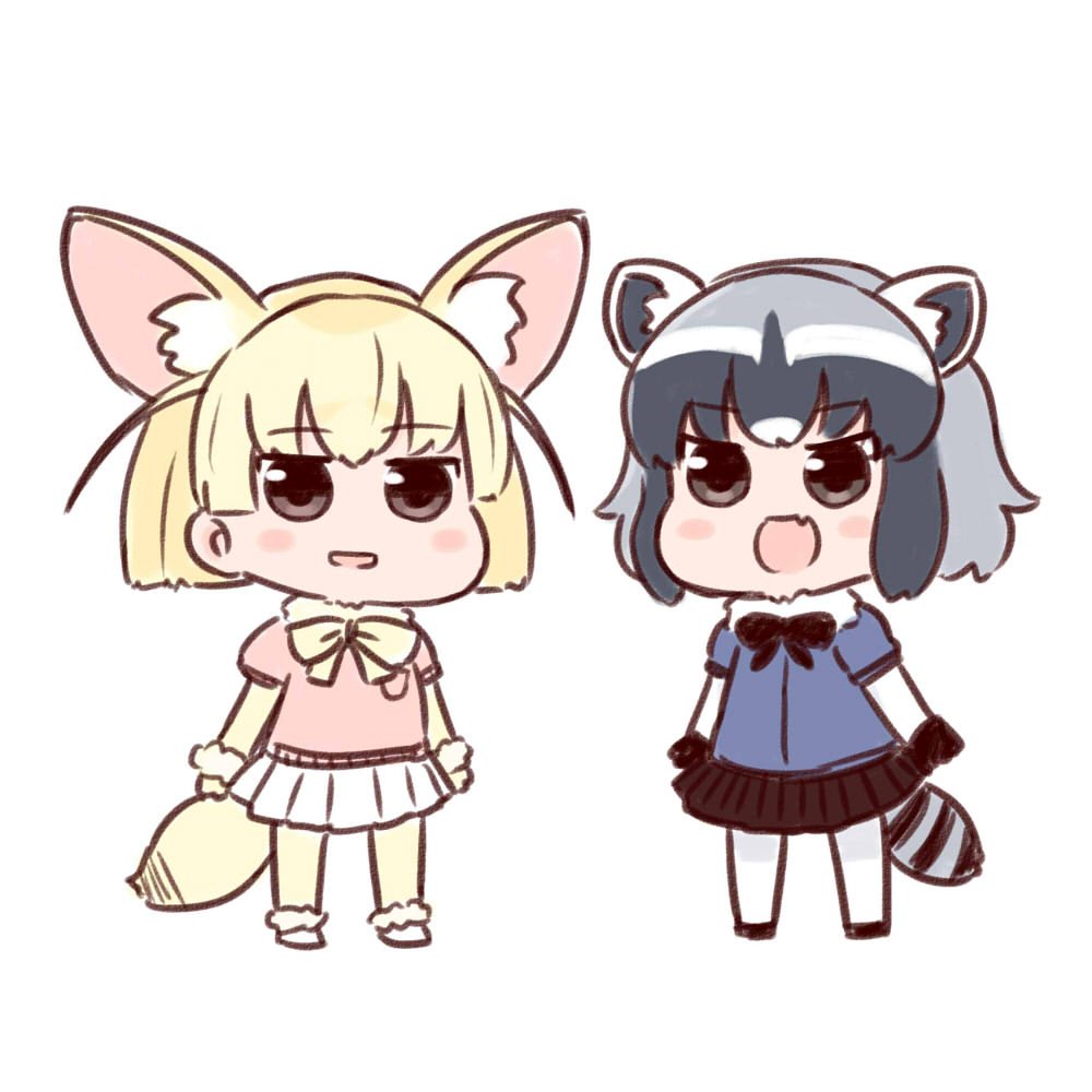 :d animal_ears bangs batta_(ijigen_debris) black_gloves black_skirt blonde_hair blue_shirt blush_stickers bracelet brown_eyes chibi commentary_request common_raccoon_(kemono_friends) eyebrows_visible_through_hair fang fennec_(kemono_friends) fox_ears fox_tail fur_trim gloves grey_hair jewelry kemono_friends looking_at_viewer multicolored_hair multiple_girls open_mouth pantyhose parted_lips pink_shirt pleated_skirt raccoon_ears raccoon_tail shirt shoes short_sleeves simple_background skirt smile standing striped_tail tail white_background white_legwear white_skirt