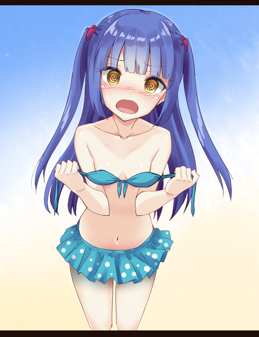 @_@ bangs bare_arms bare_shoulders bikini bikini_skirt blue_bikini blunt_bangs blush breasts collarbone embarrassed eyebrows_visible_through_hair front-tie_bikini front-tie_top gradient gradient_background leaning_forward legs_apart letterboxed long_hair looking_at_viewer navel nose_blush original pulled_by_self small_breasts solo standing stomach strap_pull strap_slip swimsuit tearing_up tears tenrai two_side_up undressing yellow_eyes