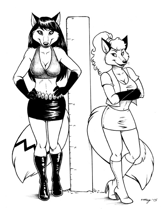 2015 anthro boots breasts canine cleavage clothed clothing duo female footwear fox hair long_hair looking_at_viewer mammal megan_giles midriff miniskirt monochrome navel skirt whiskers