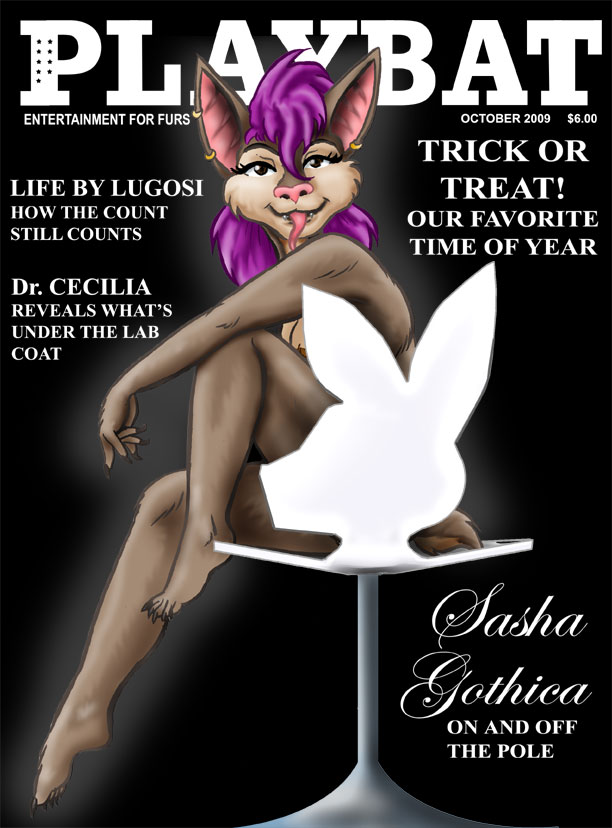 2009 bat chair cover ear_piercing english_text hair halloween holidays looking_at_viewer magazine mammal parody piercing purple_hair sasha_gothica sitting style_wager text tongue