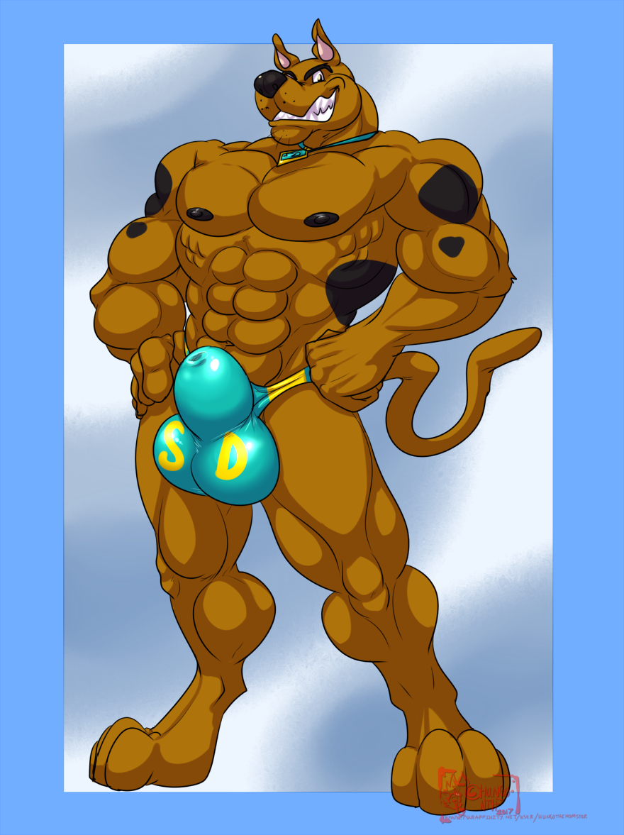 2017 4_toes 5_fingers abs animal_genitalia anthro balls biceps black_eyes black_nose black_skin blue_background briefs brown_skin bulge canine clothing dog eyebrows grin hand_on_hip hungothenomster male mammal multicolored_skin muscular muscular_male nipples pose scooby-doo scooby-doo_(series) sharp_teeth sheath simple_background smile solo spots standing swimsuit teeth tight_underwear toes two_tone_skin underwear