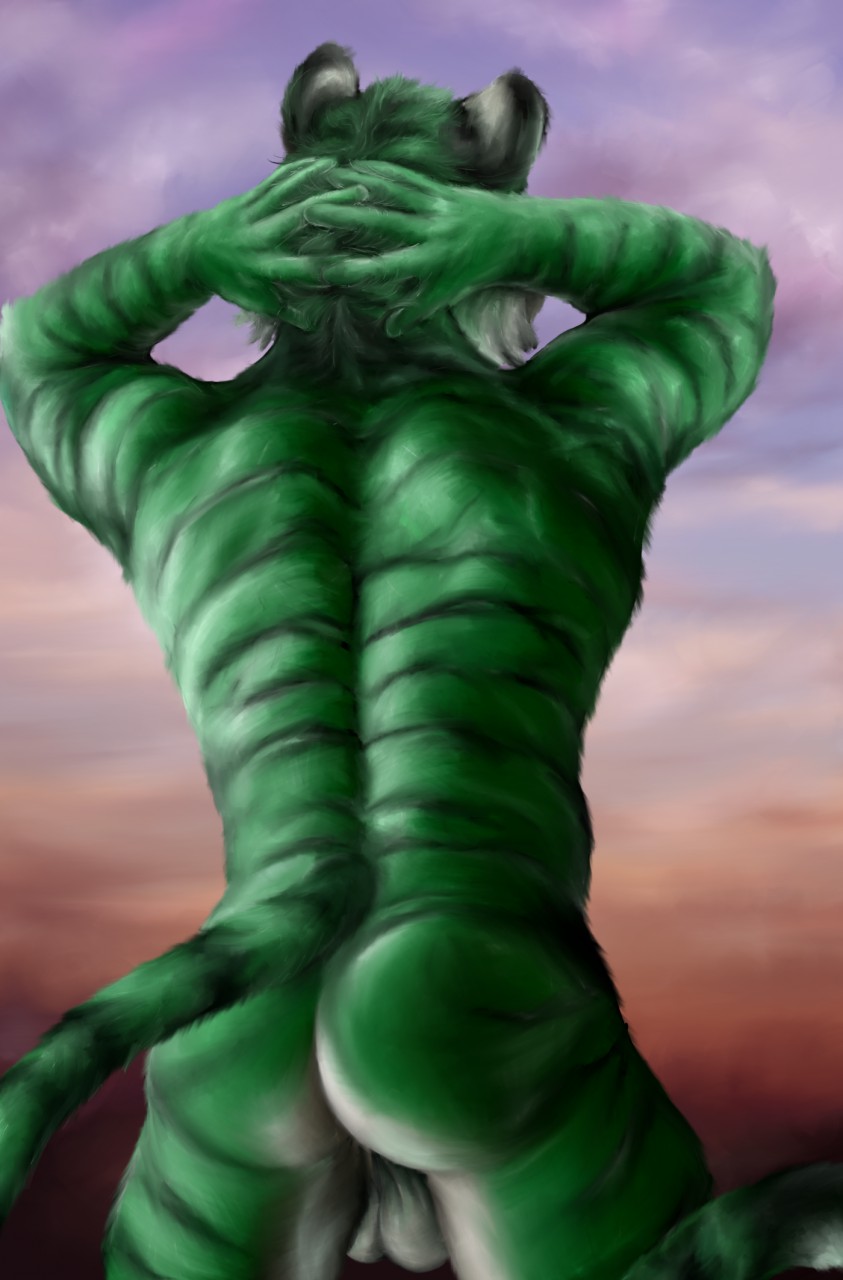 2017 balls butt feline fur green_fur killianwalker male male_focus mammal muscular muscular_male nude outside plasdurock_(character) striped_fur stripes tiger