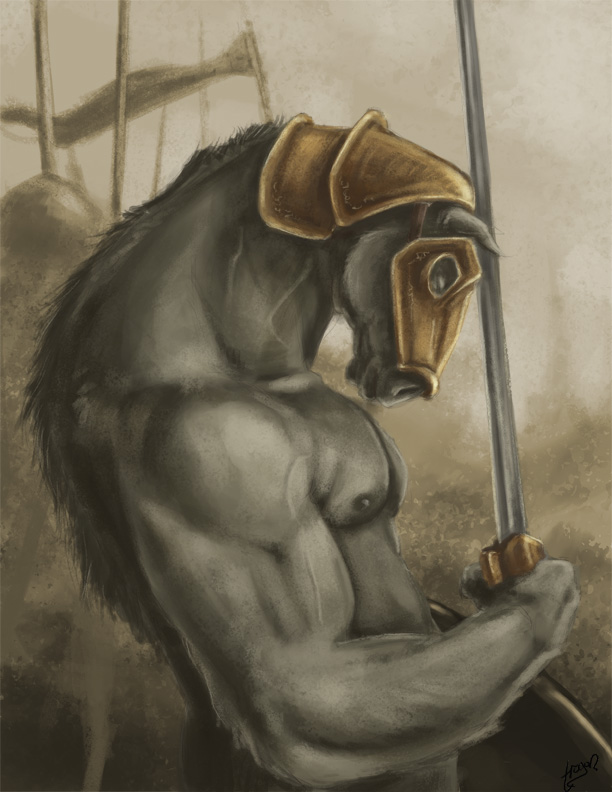 2014 anthro armor biceps biped brown_fur digital_media_(artwork) equine eyes_closed fur half-length_portrait helmet holding_object holding_weapon horse male mammal melee_weapon mostly_nude muscular muscular_male nipples pecs portrait shield side_view signature snout solo sword trogan vein warrior weapon