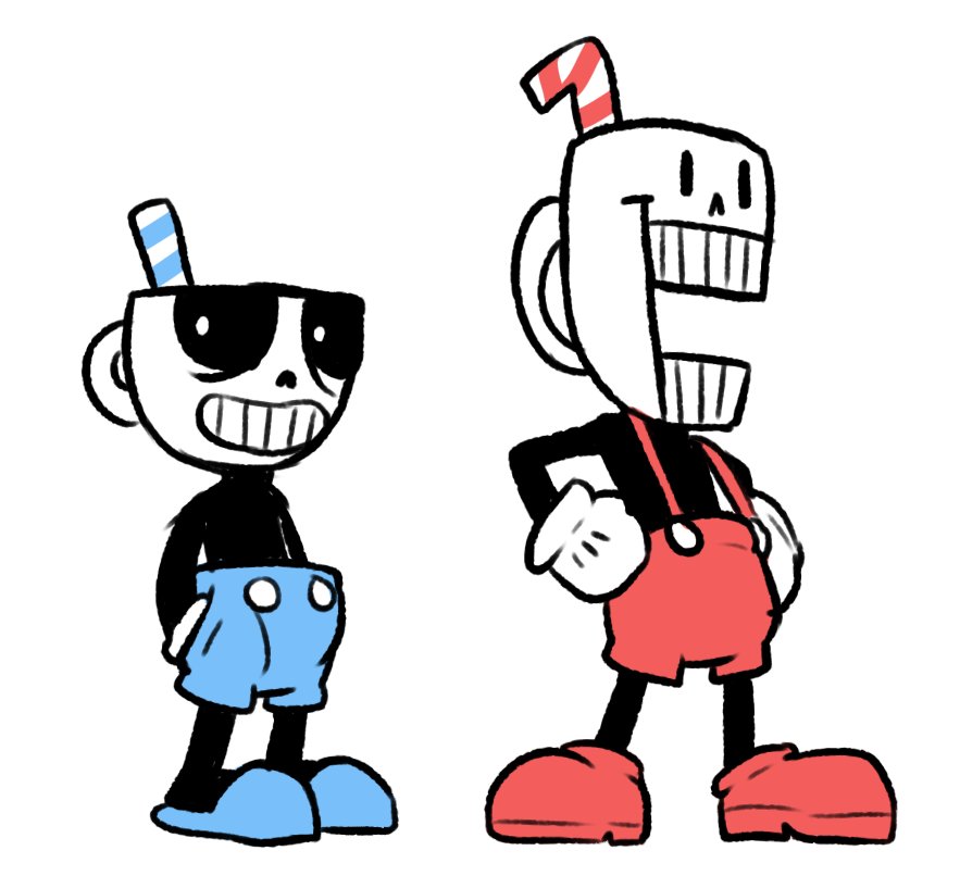 animate_inanimate animated_skeleton arlee bone crossover cup cuphead_(character) cuphead_(game) duo humanoid mugman not_furry object_head papyrus_(undertale) sans_(undertale) simple_background skeleton slippers straw undead undertale video_games white_background