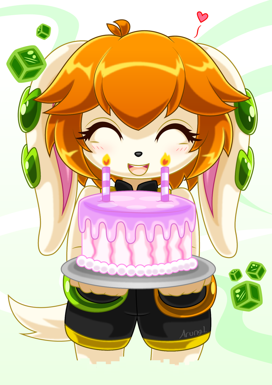 &lt;3 2017 anthro arung98 basset_hound birthday_cake black_nose blush cake candle canine clothed clothing cube_(object) dog eyes_closed female food freedom_planet freedom_planet_2 hair mammal milla_basset orange_hair solo video_games