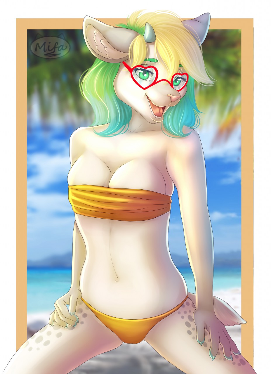 2017 5_fingers anthro breasts cervine clothed clothing deer digital_media_(artwork) eyewear female glasses green_eyes mammal midriff mifa navel open_mouth smile solo teeth tongue