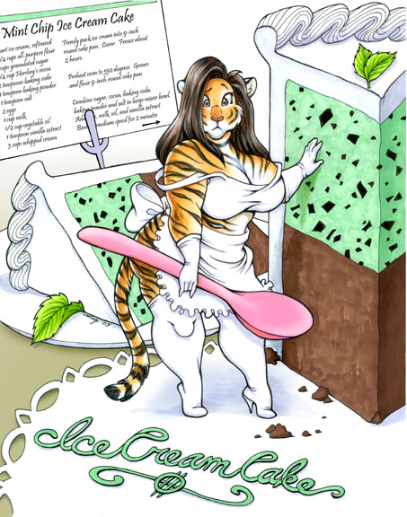 2013 anthro big_breasts breasts brown_eyes cake clothed clothing feline female food fur gloves hair high_heeled_boots long_hair mammal megan_giles midriff overweight solo spoon tiger white_fur