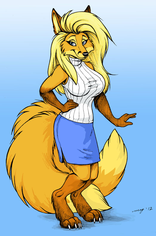 2012 anthro barefoot big_breasts black_nose blonde_hair blue_eyes breasts canine claws clothed clothing digitigrade dress female fox hair long_hair mammal megan_giles multi_tail simple_background skirt smile solo toe_claws toony turtleneck