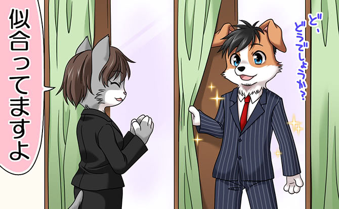 anthro brown_fur brown_hair business_suit canine cat clothing coronta_(tenshoku_safari) dialogue dog duo eyes_closed feline female fur grey_fur hair japanese_text male mammal official_art open_mouth open_smile smile sparkles speech_bubble suit tenshoku_safari text translation_request unknown_artist white_fur