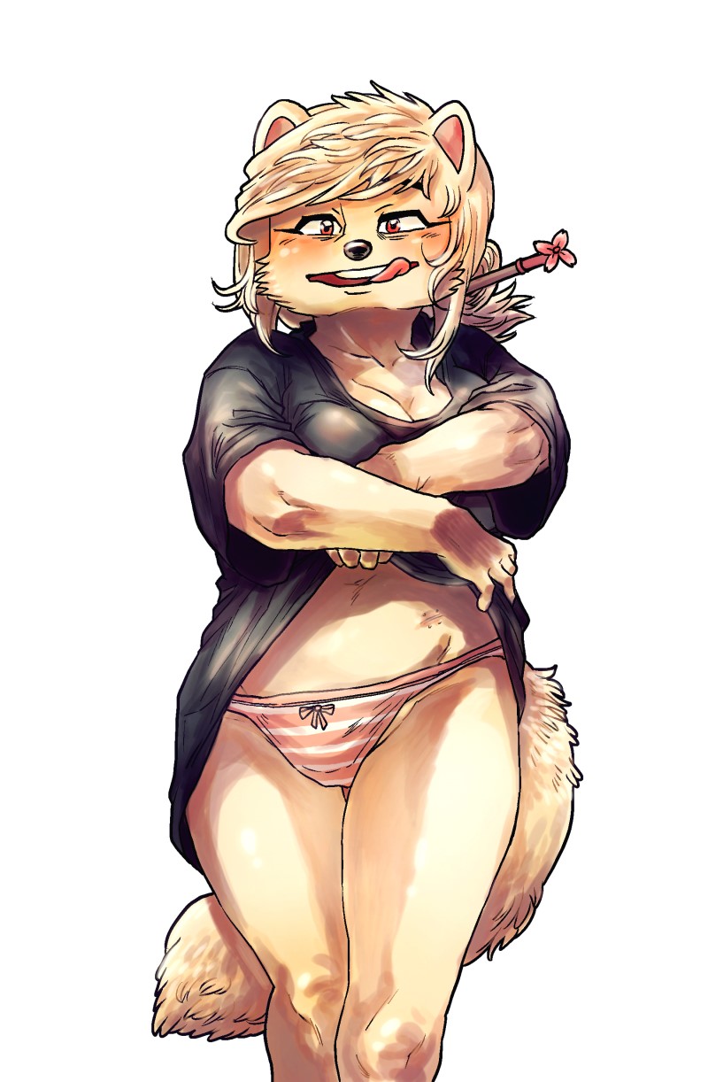 2017 anthro bedroom_eyes belly big_breasts biped black_clothing black_nose black_topwear blush breasts brown_eyes camel_toe canine cheek_tuft cleavage clothed clothing clothing_lift collarbone dog eyelashes female fluffy fluffy_tail front_view hair hair_accessory half-closed_eyes humanoid_hands hybrid jindo kemono kishu_inu korean liking_lips long_tail mammal navel open_mouth open_smile oversized_clothing oversized_shirt panties pink_bottomwear pink_clothing portrait ryonggay seductive shirt shirt_lift short_hair simple_background slightly_chubby smile solo standing striped_panties tan_body tan_hair tan_tail three-quarter_portrait tuft underwear undressing white_background yong-sil_(ryonggay)