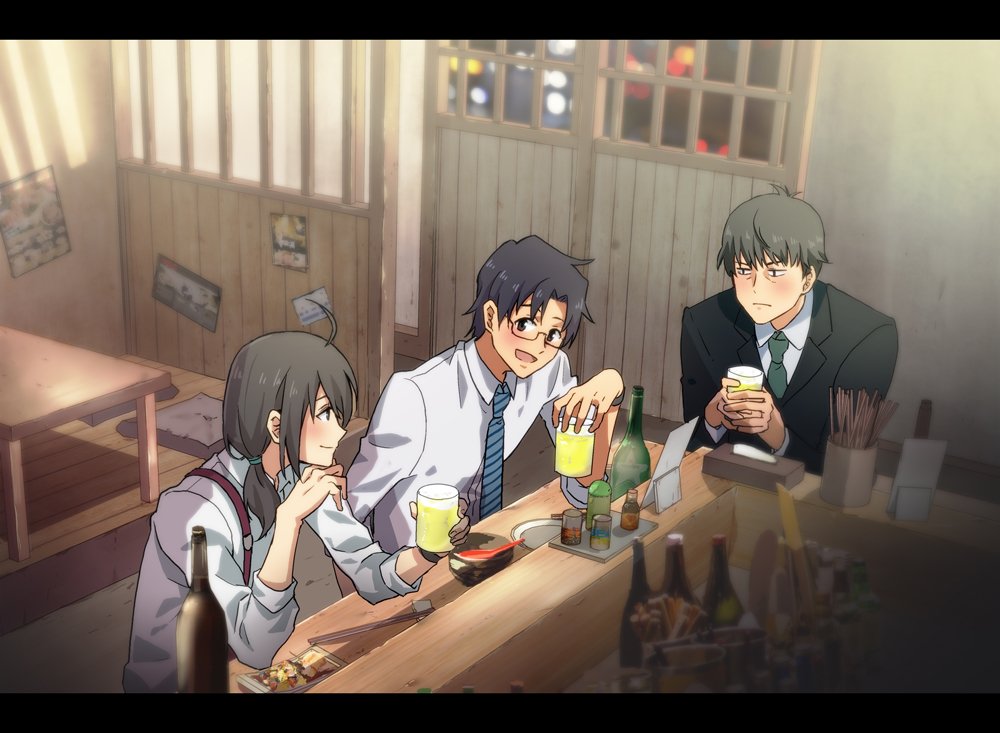 ahoge alcohol arm_at_side arm_support bar black_hair black_jacket blue_neckwear blurry blush bottle business_suit chopstick_rest chopsticks collared_shirt counter cup cushion depth_of_field door dress_shirt drinking_glass drunk floor formal glasses green_neckwear hair_over_shoulder holding holding_cup idolmaster idolmaster_(classic) idolmaster_cinderella_girls idolmaster_side-m indoors jacket letterboxed long_hair looking_at_another looking_at_viewer low_ponytail male_focus medium_hair menu mina_(o414) mug multiple_boys necktie night outstretched_arm plate poster_(object) producer_(idolmaster_anime) producer_(idolmaster_cinderella_girls_anime) producer_(idolmaster_side-m_anime) profile shirt sitting sleeves_rolled_up smile spice_rack striped striped_neckwear suit suspenders table two-handed wall white_shirt window_shade wooden_table wrinkles